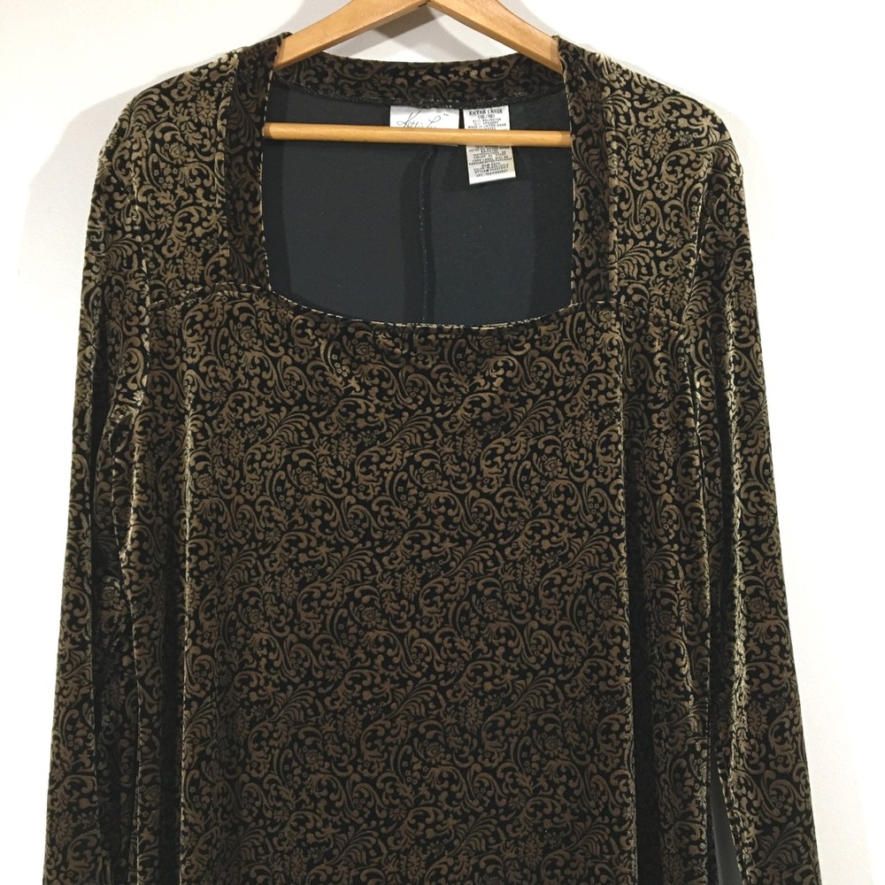 Kathie Lee Collection XXL Black Gold Floral Paisley Velvet LongSleeve Maxi Dress